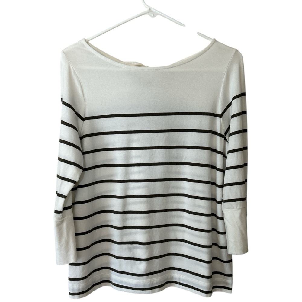 J. Jill Olive Green Ivory Striped Knit Tie Back 3/4 Sleeve Pullover Top